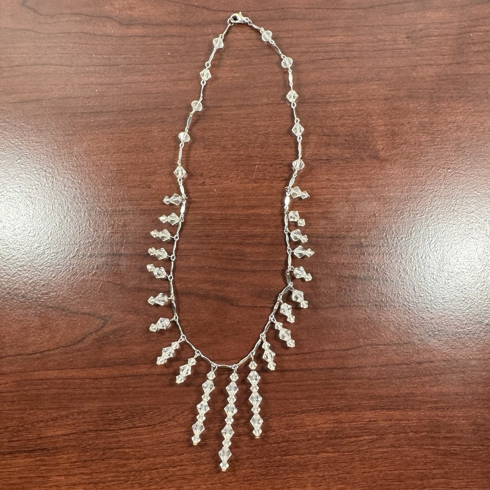 Waterfall Chandelier Dangling Clear Crystal Stones 16” Silver Toned Necklace